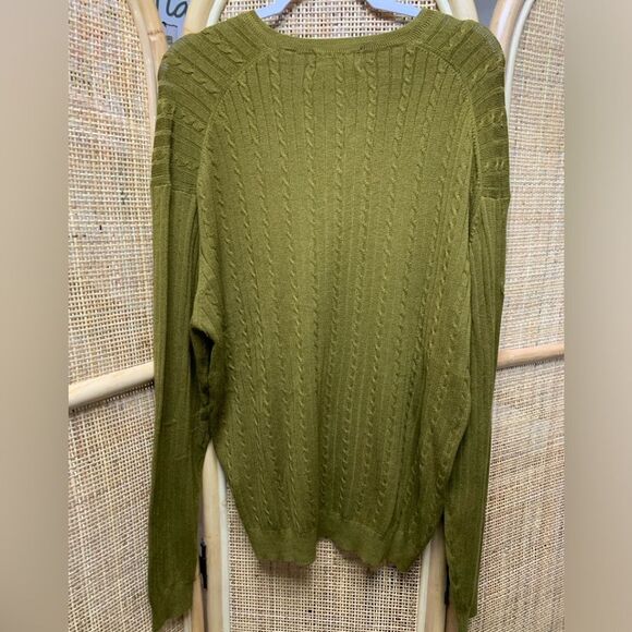 Descente Mens Silk Blend Golden Green V-Neck Cable Knit Sweater | XL - Picture 2 of 5